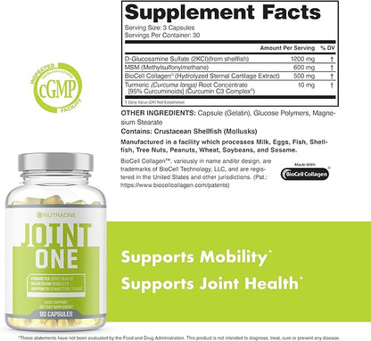 JointOne Joint Support by NutraOne - Joint Supplement for Women and Men to Help Maintain Joint Health with Collagen, Glucosamine, and Turmeric* (90 Capsules)