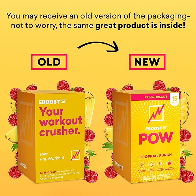 EBOOST POW Natural Pre Workout Powder - 15 Packets, Tropical Punch - Preworkout Energy Booster Gym Supplement Drink Mix for Men and Women - Performance, Joint Mobility Support - Gluten-Free