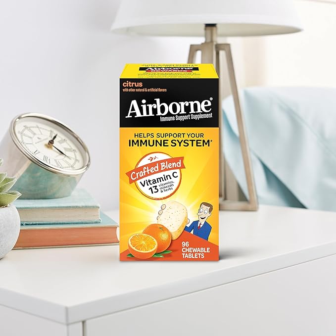 Airborne Vitamin C 1000mg (per Serving) - Citrus Chewable Tablets (96 Count in a Box), Gluten-Free Immune Support Supplement with Vitamins A C E, Zinc, Selenium, Echinacea, Ginger, Antioxidants