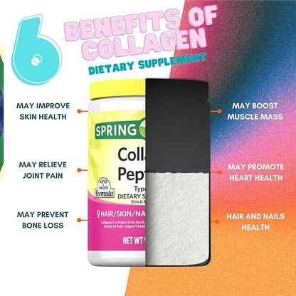 Collagen Peptides Powder 255g (9 Oz) - Hydrolyzed Protein(Type I & III) Keto Collagen Powder for Women & Men - Hair, Skin and Joints by Spring Valley (Pack of 1)