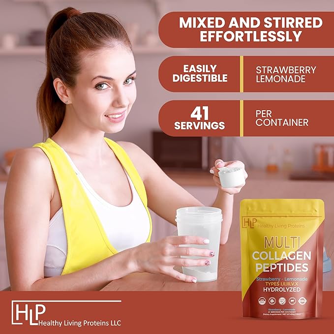 Healthy Living Proteins - Hydrolyzed Multi Collagen Peptides Powder Types I, II, III, V & X - Grass Fed Bovine, Wild Caught Marine, Free Range Chicken - Gluten Free (Strawberry-Lemonade, 16 oz)
