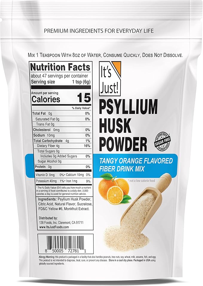It's Just! - Psyllium Husk Powder, Easy Mixing Dietary Fiber, Cleanse Your Digestive System, Finely Ground Powder, Ideal for Keto Baking, Non-GMO (Tangy Orange, 10oz (Pack of 1))