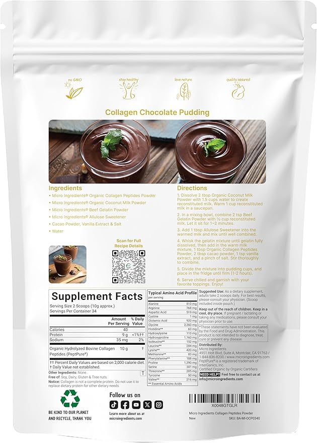 Micro Ingredients Organic Hydrolyzed Collagen Peptides Powder, 12oz | Type I & III Bovine Collagen for Women & Men | High Absorption | Unflavored, Keto & Paleo Friendly | Easy to Mix, Non-GMO