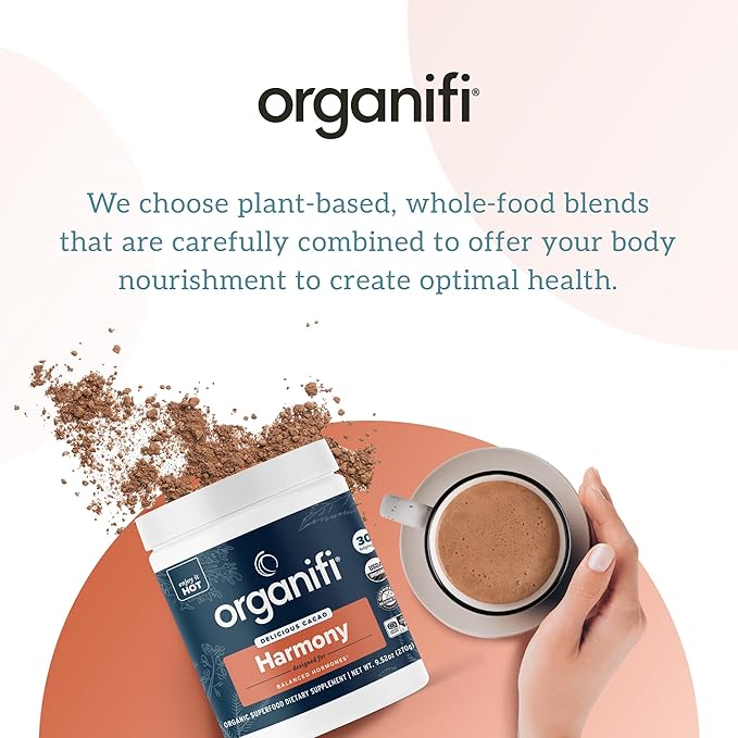 Organifi Harmony - Hormone Support - Eases PMS Symptoms - Energizes You - Regulates Menstrual Cycle - Best Served Hot - Gluten Free and Vegan Cacao Powder, 30 Servings