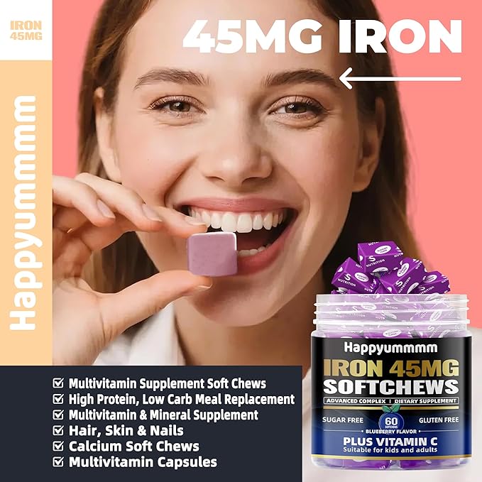 Iron Soft Chews Supplement with Vitamin C | Blueberry Flavored | Gluten Free | Iron Supplement for Women Men and Kids | 60 Count | 2 Month Supply