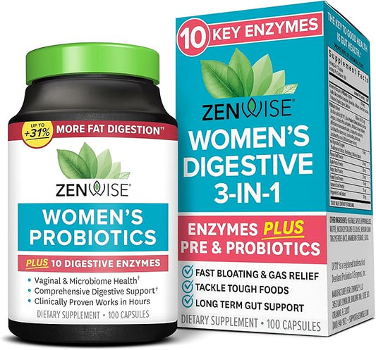 Zenwise Health Probiotics for Women - Digestive Enzymes for Bloating Relief, Vaginal Health, and Gut Flora Health, Daily Women Probiotic & Prebiotic Supplement for Digestive Health - 100 CT