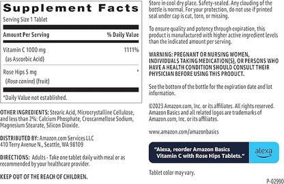 Amazon Basics Vitamin C 1000 mg with Rose HIPS 5mg, 90 Tablets (1 per Serving), Gluten Free (Pack of 2)