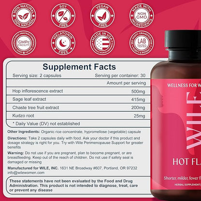 WILE Menopause and Perimenopause Supplements for Women - Hot Flashes and Night Sweats Relief with Kudzu Root - Premenopause Support for Stress, Hot Flash, Hormone Balance & Restful Sleep, 30 Servings