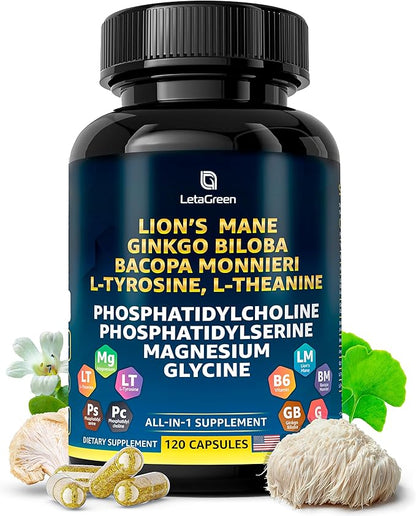Organic Lions Mane Supplement Capsules - 120 Real Mushrooms Lion's Mane Capsules with Ginkgo Biloba Herb, Bacopa Monnieri - Nootropics Brain Support - Lion Mane Mushroom Supplement