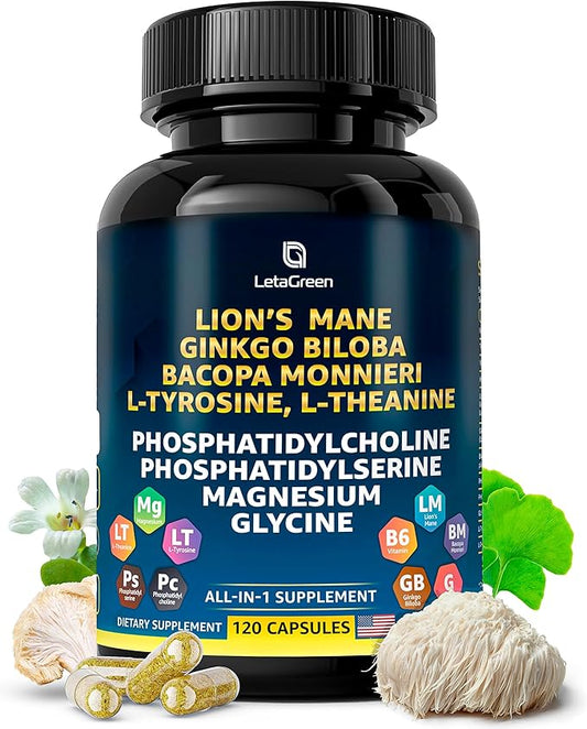 Organic Lions Mane Supplement Capsules - 120 Real Mushrooms Lion's Mane Capsules with Ginkgo Biloba Herb, Bacopa Monnieri - Nootropics Brain Support - Lion Mane Mushroom Supplement