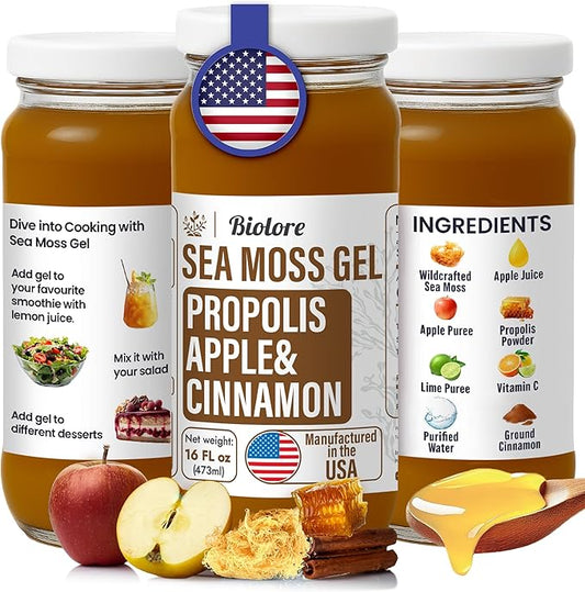 Sea Moss Gel - Propolis Apple Cinnamon 16oz, Wildcrafted Irish Seamoss with Essential Vitamins & Trace Minerals, Vegan Superfood Made in USA