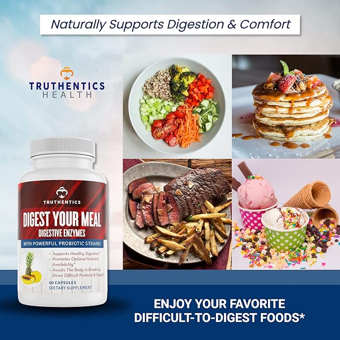 TRUTHENTICS Digestive Enzymes Plus Probiotics & Prebiotics with Bromelain, Lactase, Galactosidase, Acidophilus - Vegan Digestion Aid, Constipation Bloating & Gas Relief for Men & Women - 60 Capsules