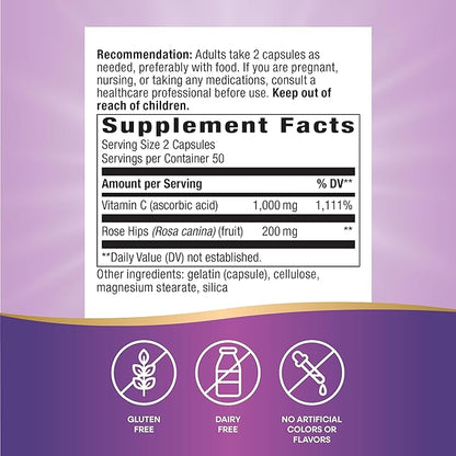 Nature's Way Vitamin C with Rose HIPS, Powerful Antioxidant & Immune Function Support from Vitamin C*, Promotes Collagen for Healthy Skin*, 1,000 mg Vitamin C, 100 Capsules (Packaging May Vary)