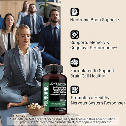 Lion’s Mane+ Mushroom Complex 1600mg - 120 Capsules - Supports Cognitive, Focus & Clarity Health with Ashwagandha, Reishi, Cordyceps & Chaga - Third-Party Tested, Vegan, Non-GMO, Gluten-Free