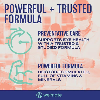 WELMATE - AREDS 2 (120 Servings) - Eye Vitamin and Mineral Supplement - Vitamin C, Zinc, Lutein, Zeaxanthin - Macular Health - Doctor Formulated & Tested - Eye Care - Gluten Free - 240 Mini Softgels