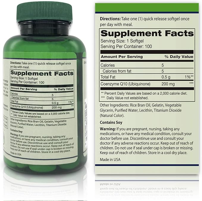 CoQ10 200mg Softgels, Coenzyme Q10 Coq-10 Co Q 10 Supplements, 100 Counts High Absorption Quick Release Co Q-10 Antioxidant for Heart Health & Energy Production, 100 Days Supply