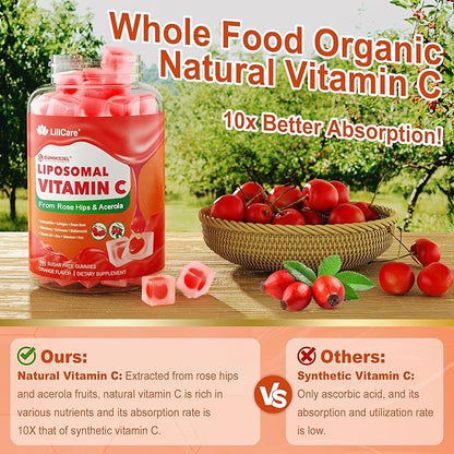 Liposomal Vitamin C 1000mg Filled Gummies for Adults & Kids 9+, 1660mg Blend w/ Echinacea, Elderberry, D3, Zinc, Iron, Bioflavonoid,Astaxanthin - Natural Organic Chewable Vitamin C Gummies, Sugar Free