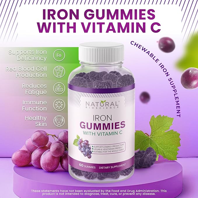 Iron Gummies with Vitamin C - Chewable Iron Supplement for Iron Deficiency Anemia, Red Blood Cell Support, Energy, Immune Function, Brain Health, Max Absorption, Grape Flavor, 180 Vegan Gummies