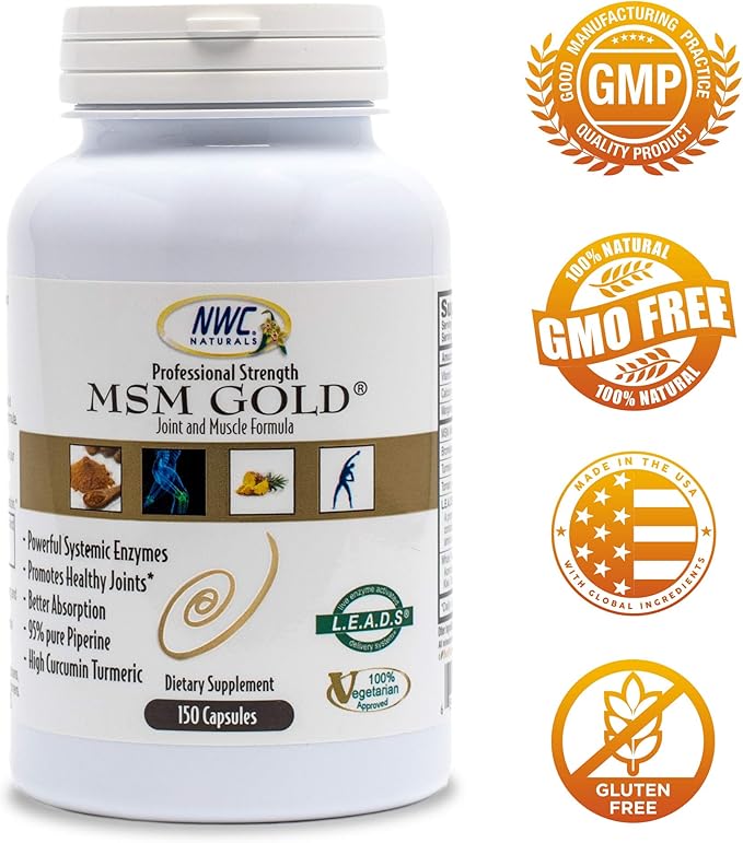 NWC Naturals MSM Gold – Systemic Enzyme Supplement with Turmeric, Tomato Lycopene & BioPerine for Nutrient Absorption – Joint & Muscle Support – 150 Antioxidant-Rich Vegetarian Capsules