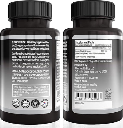 Korean Black Panax Ginseng Capsule 1000mg - 90 Vegan Capsules Non GMO, High Ginsenosides, High Absorption Rate, Enhance Immunity, Mental Performance, Stamina & Energy, Men & Women