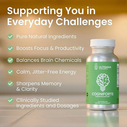 Cogniforte Brain Supplement for Memory and Focus | Enhanced Cognitive Support, Mental Clarity & Energy Booster | L-Theanine, Gingko Biloba, Taurine, Vitamin B12 & Caffeine | 90 Count