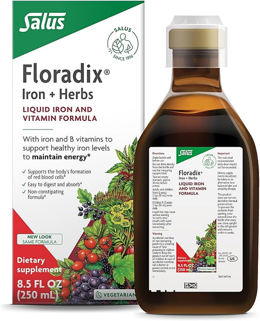 Floradix by Salus Iron & Herbs - Liquid Herbal Supplement for Energy Support* - Iron Supplement with Vitamin C & B Complex Vitamins - for Men & Women - 8.5 Fl Oz