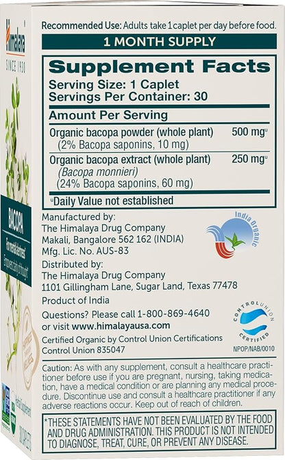 Himalaya Organic Bacopa Monnieri Nootropic Herbal Supplement, Mental Alertness, Supports Calm, Memory, Cognition, USDA Certified Organic, Non-GMO, 750 mg, 30 Plant-Based Caplets, 30 Day Supply