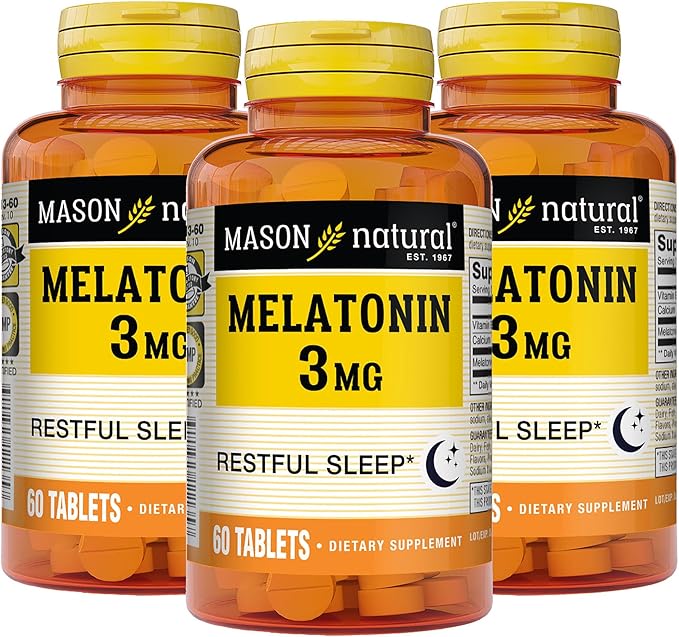 MASON NATURAL Melatonin 3 mg with B6 and Calcium, Natural Sleep Aid, Supports Healthy Sleep & Rest, 60 Tablets (Pack of 3)
