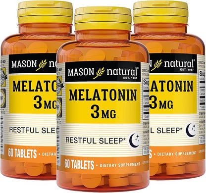 MASON NATURAL Melatonin 3 mg with B6 and Calcium, Natural Sleep Aid, Supports Healthy Sleep & Rest, 60 Tablets (Pack of 3)