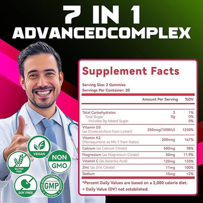 Sugar-Free Vitamin D3 K2 Gummies with Calcium + K2 (MK-7), Magnesium Citrate, Vitamin C, Extra Strength - Ultimate Absorption for Bone Muscle Teeth Immune, Vegan - 120 Gummies