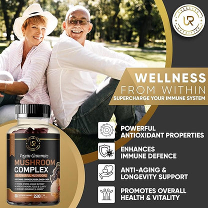 Mushroom Gummies | 10 Mushroom Supplement | 2 pack | Turkey Tail, Chaga, Reishi, Cordyceps & Lions Mane Organic Mushroom Extracts, Nootropic Brain Booster for Focus, Memory, Clarity, Energy | 120ct