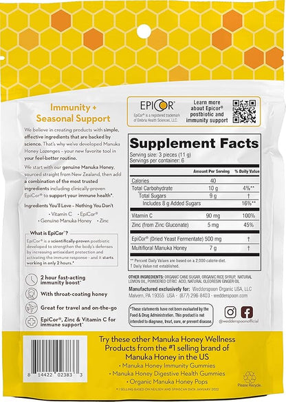 Wedderspoon Manuka Honey Immunity Lozenges, Lemon Ginger, 2.6 Oz (Pack of 1), Genuine New Zealand Honey, Boost Immunity Within Two Hours