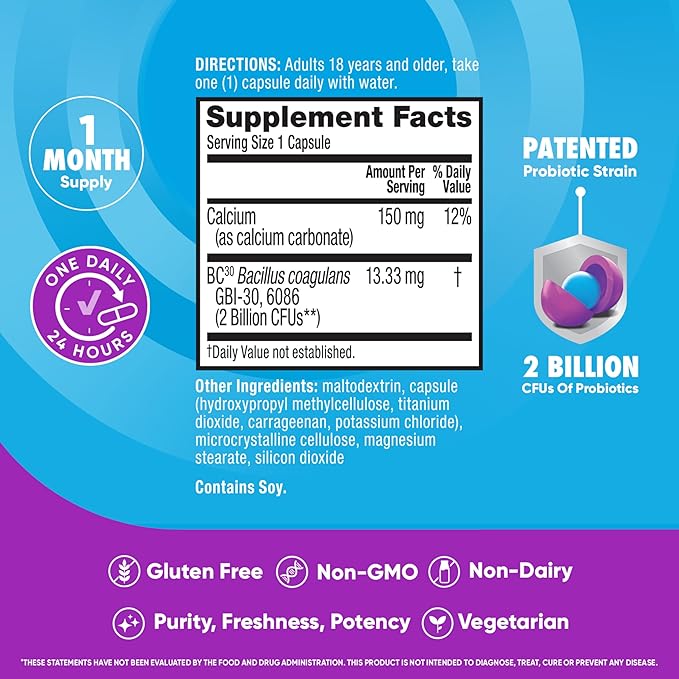 Daily Probiotic Capsule - Digestive Advantage 30 Capsules, Survives 100x Better, Lessens Bloating, Calcium, Promotes Digestive Health and Gut Flora, multi