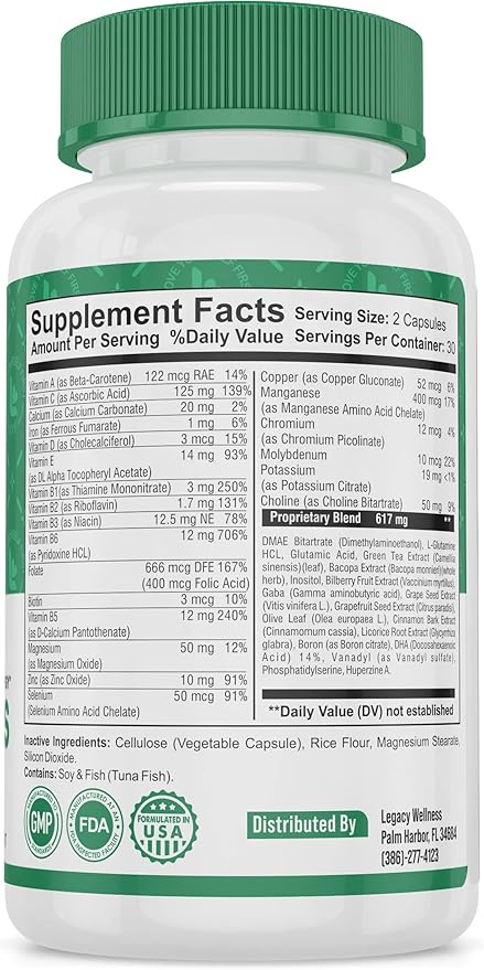 Mind Bliss Brain Supplement: 40-Ingredient Memory, Focus & Clarity Vitamins, Energy Boost & Nootropic Support with DMAE, 60 Pills