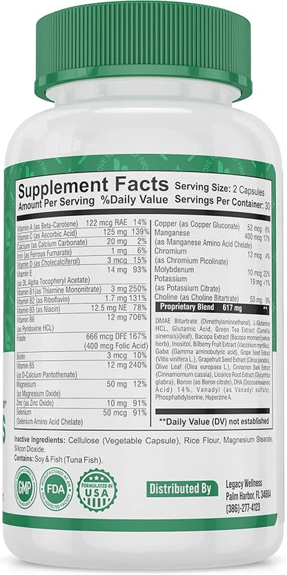 Mind Bliss Brain Supplement: 40-Ingredient Memory, Focus & Clarity Vitamins, Energy Boost & Nootropic Support with DMAE, 60 Pills