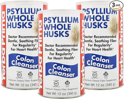Yerba Prima Psyllium Husk, 12 Ounce (Pack of 3) - Whole Husk Fiber Supplement for Regularity, Colon Cleansing, Natural Support for Gut Health, Non GMO, Gluten Free, Vegan, No Sweeteners