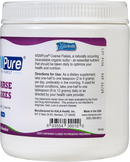 KALA HEALTH MSMPure Coarse MSM Powder Flakes – US-Sourced MSM for Joint Health, Skin Appearance, and Hair & Nail Support – 1 lb, Organic Sulfur