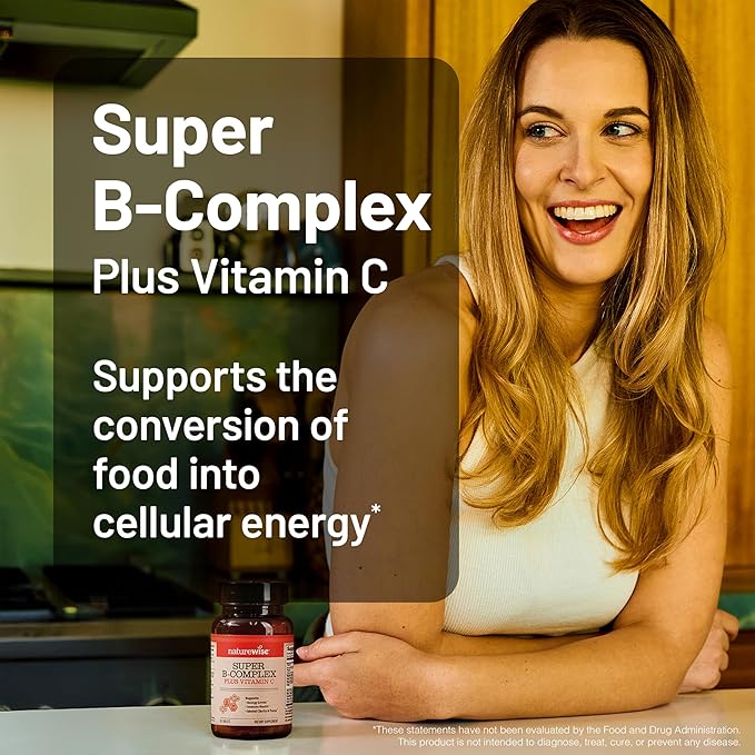 NatureWise Super Vitamin B Complex for Women and Men - with Vitamin C, Folic Acid Biotin B1 B2 B3 B6 B12 - Support Cellular Energy & Mental Clarity - Vegan, Gluten & Dairy Free, Non-GMO - 60 Tablets