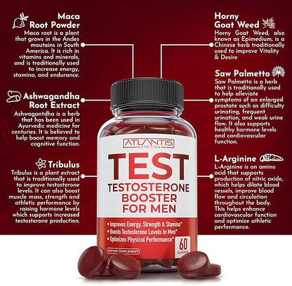 Atlantis Nutrition Testosterone Booster For Men Gummies - Male Enhancement, Boosts Energy, & Optimizes Physical Performance Formulated w/Tribulus, Horny Goat Weed, Saw Palmetto, Maca Root - 60 Gummies