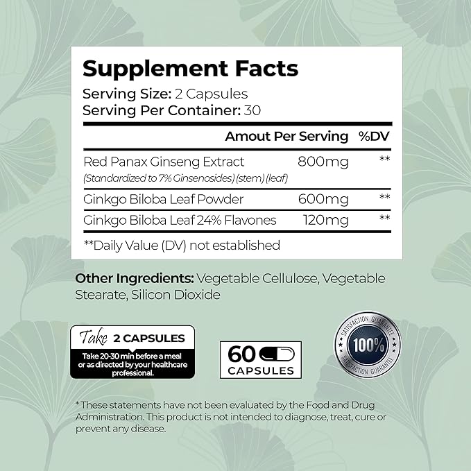 Ginkgo Biloba and Ginseng Brain Dietary Supplement Supports Brain Function, Memory, Mental Alertness, All Natural, Improve Blood Circulation