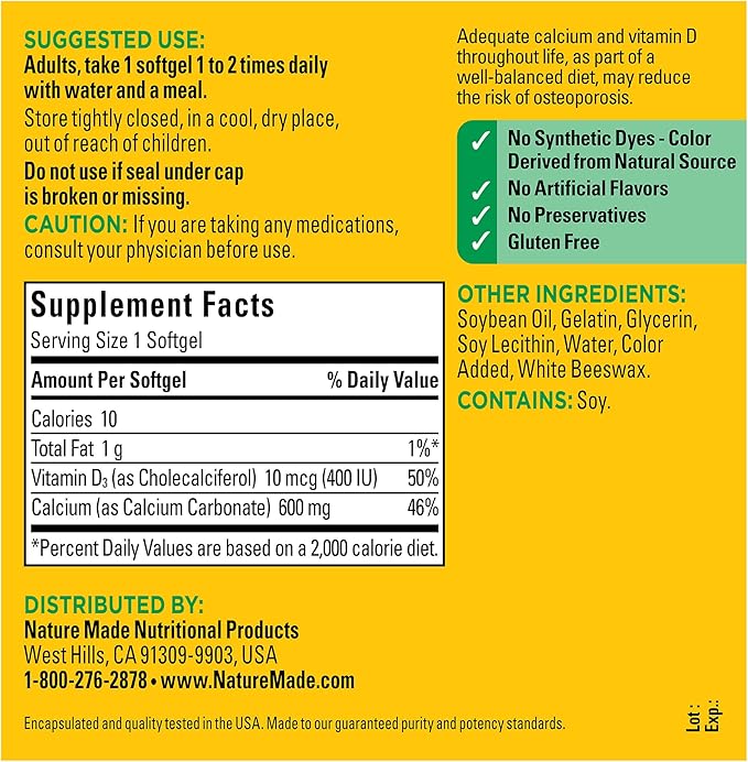 Nature Made Calcium 600 mg with Vitamin D3, Dietary Supplement for Bone Support, 100 Softgels
