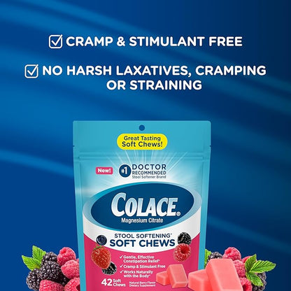 Colace Stool Softener Soft Chews, Gentle Constipation Relief, No.1 Doctor Recommended Stool Softener Brand, 42 Mixed Berry Chews