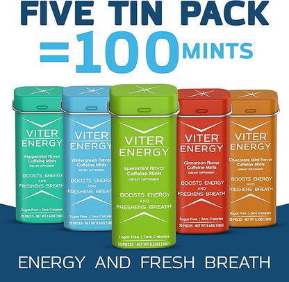 Viter Energy 40mg Caffeine Mints - Sugar Free, B Vitamins, Vegan, Boosts Fast Energized Alert Focus, Caffeinated Nootropic Supplement Pills (Variety Flavors, 20pcs, 5 Pack, 100pcs Total)