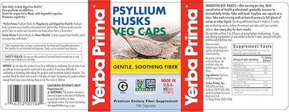 Yerba Prima Psyllium Husks Veg Caps - 180 Count (Pack of 3) - Vegan, Non-GMO, Gluten Free, Colon Cleanser, Daily Fiber Supplement for Gut Health & Regularity