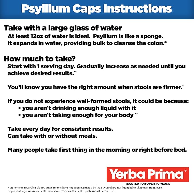 Yerba Prima Psyllium Husks Veg Caps - 180 Count (Pack of 3) - Vegan, Non-GMO, Gluten Free, Colon Cleanser, Daily Fiber Supplement for Gut Health & Regularity