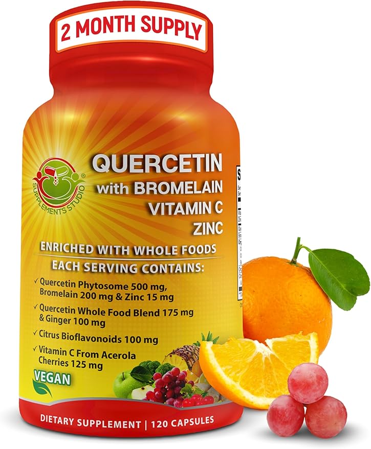 Quercetin with Bromelain Vitamin C and Zinc Enriched with Organic Whole Foods - 1215mg per Serving - Quercetin Phytosome 500mg Capsules with Ginger and Flavonoids for Immune Support - 120 count