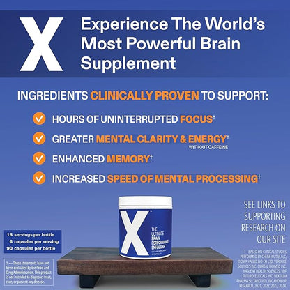 X - The Ultimate Brain Performance Enhancer — World's Most Powerful Brain Supplement Capsule - Increase Focus, Energy, Memory, Concentration, Productivity - Backed by Science - Nootropic Stack