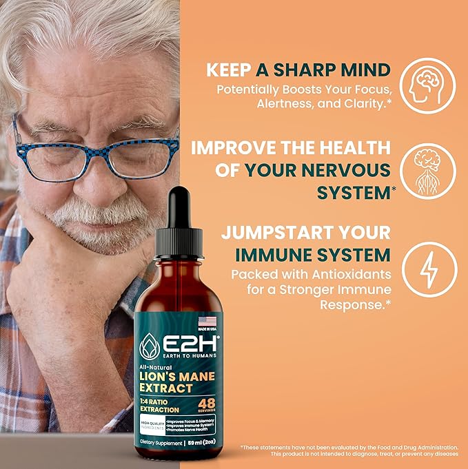 Lions Mane Liquid - Lion Mane Mushroom Supplement - Promotes Mental Clarity, Memory & Focus - Lions Mane Mushroom for Immune Support - Non-GMO, Vegan (2 Bottles) by E2H