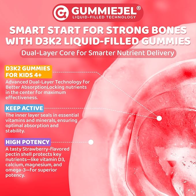 2Pack Vitamin D3 K2 Filled Gummies for Kids & Adults, 1000IU/2000IU D3 + K2(MK-7) with Calcium, Magnesium & Algal Omega 3(EPA/DHA) for Bones, Teeth, Muscles, Brain, Low-dose Vitamins, Sugar-Free