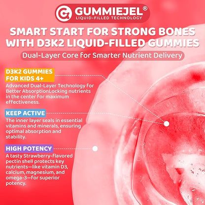 Kids Vitamin D3 K2 + Calcium Gummies (Made in USA) for Adults, 1000IU/2000IU D3 + K2(MK-7) with Magnesium & Algal Omega 3(EPA/DHA) for Bones Teeth Muscles Brain, Low-dose Vitamins, Sugar-Free,60 Chews